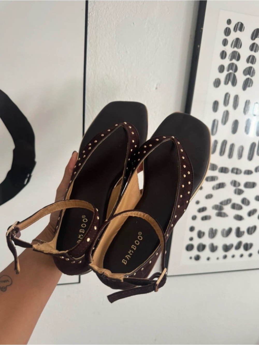 BAMBOO Dark Brown Studded Ankle-Strap Wedge Sandals